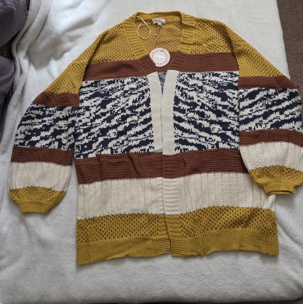Umgee Mustard, Cream, Brown & Navy Colorblock Open Cardigan